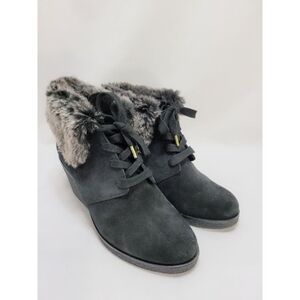 Cole Haan Coralie Wedge Ankle Bootie Black Suede Faux Fur Cuff 7.5